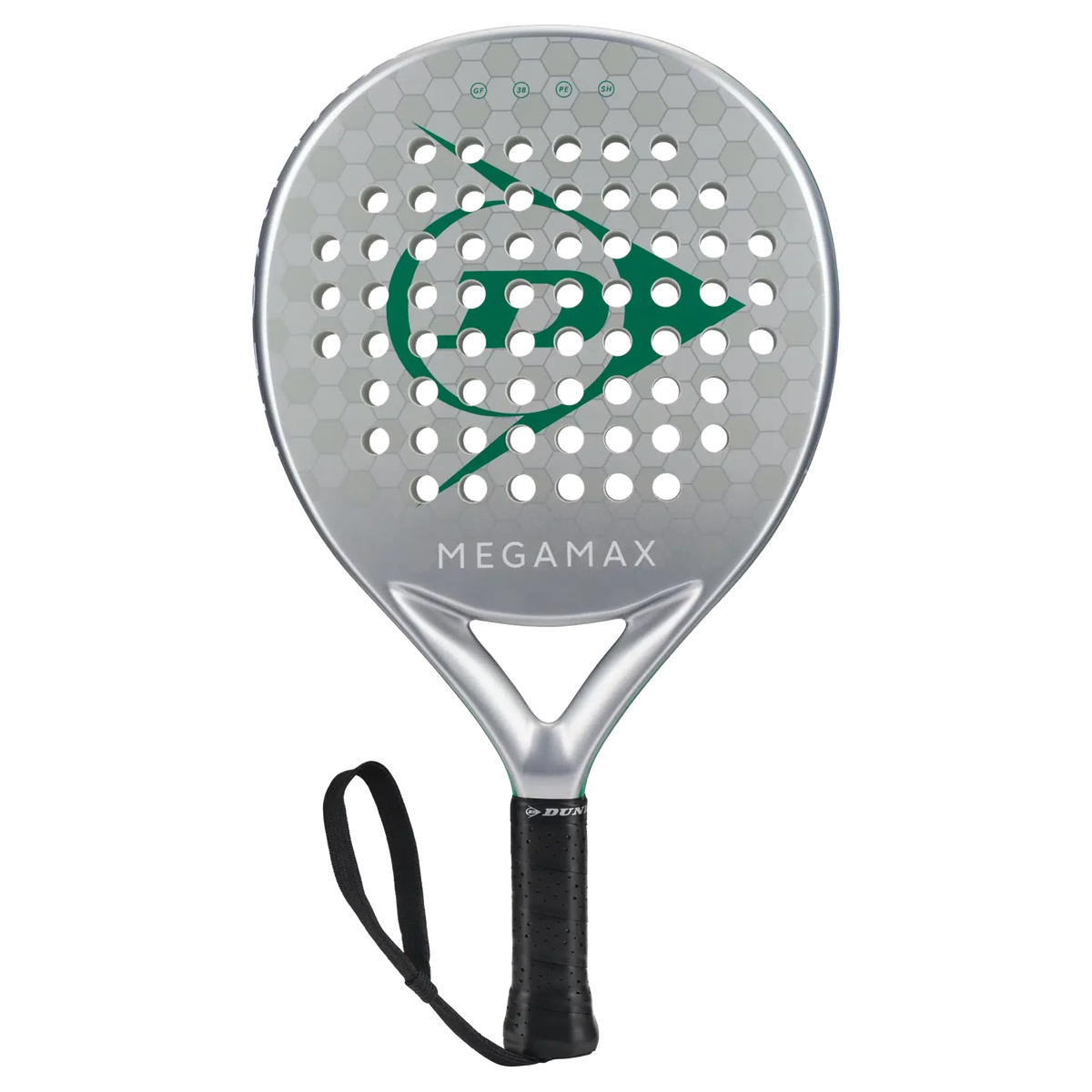 Silver Megamax padel racket with green logo and black grip