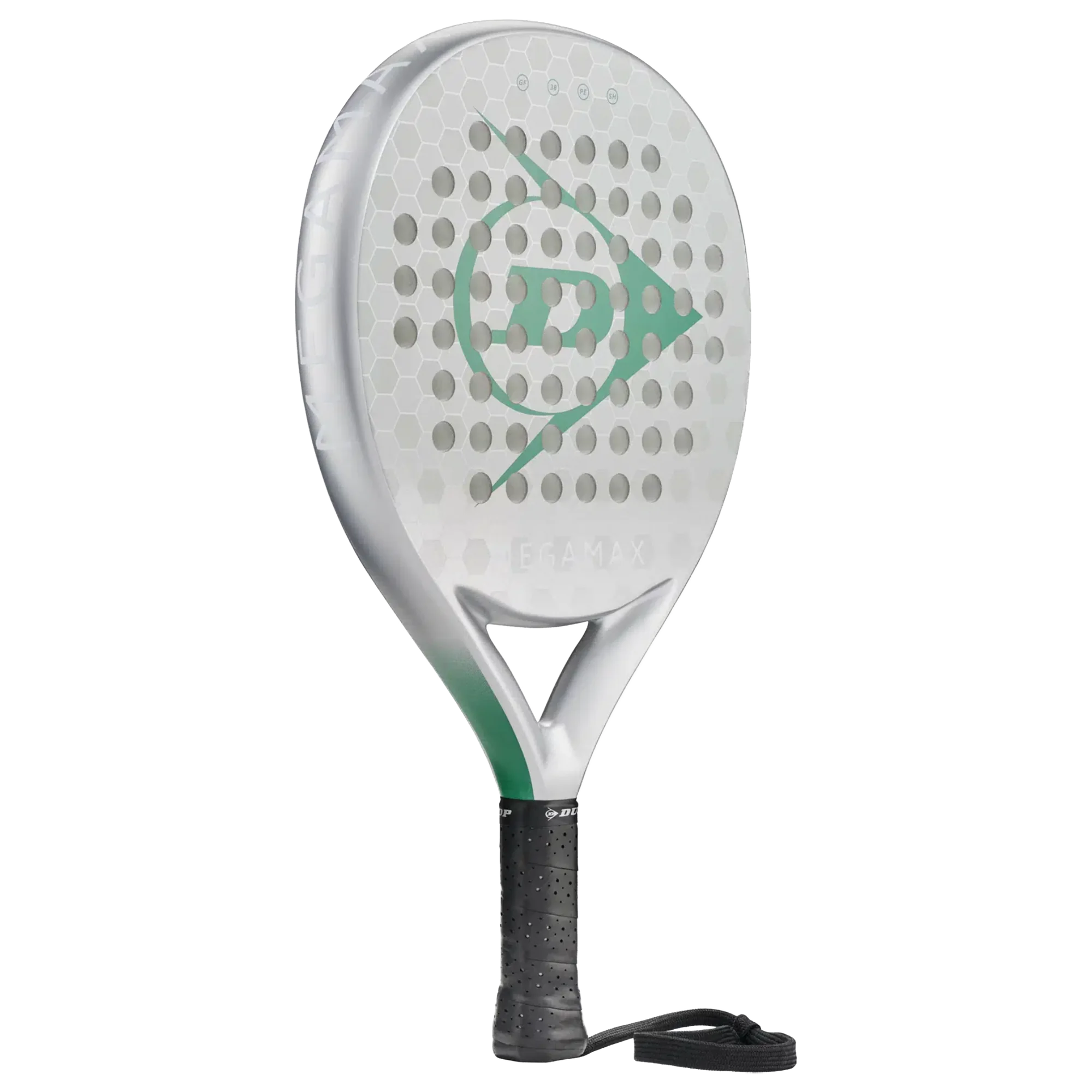White and green Megamax padel racket with perforated face and black grip