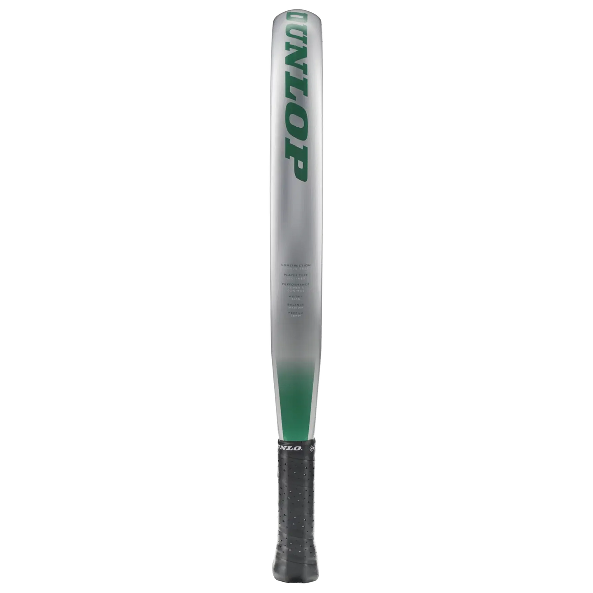 Dunlop silver and green squash racket with black grip