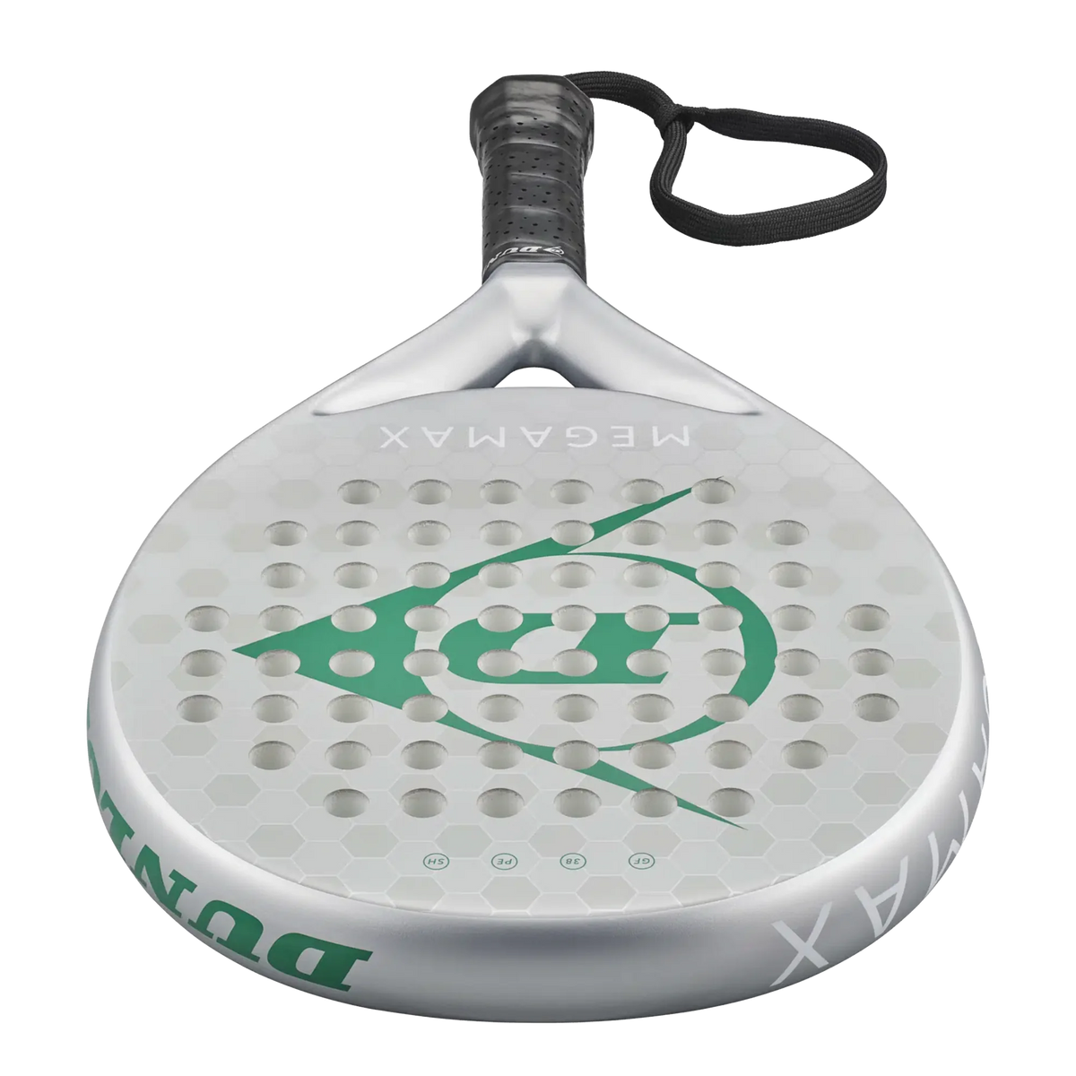Silver Dunlop Megamax padel racket with green logo on a black background