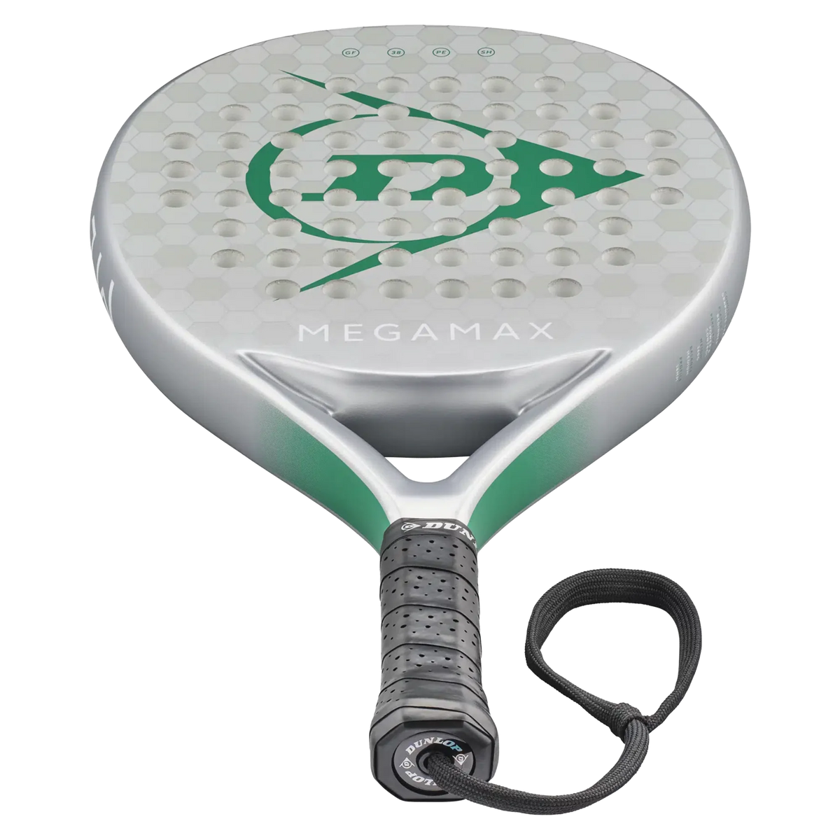 Silver and green Dunlop Megamax padel racket with perforated surface and wrist strap