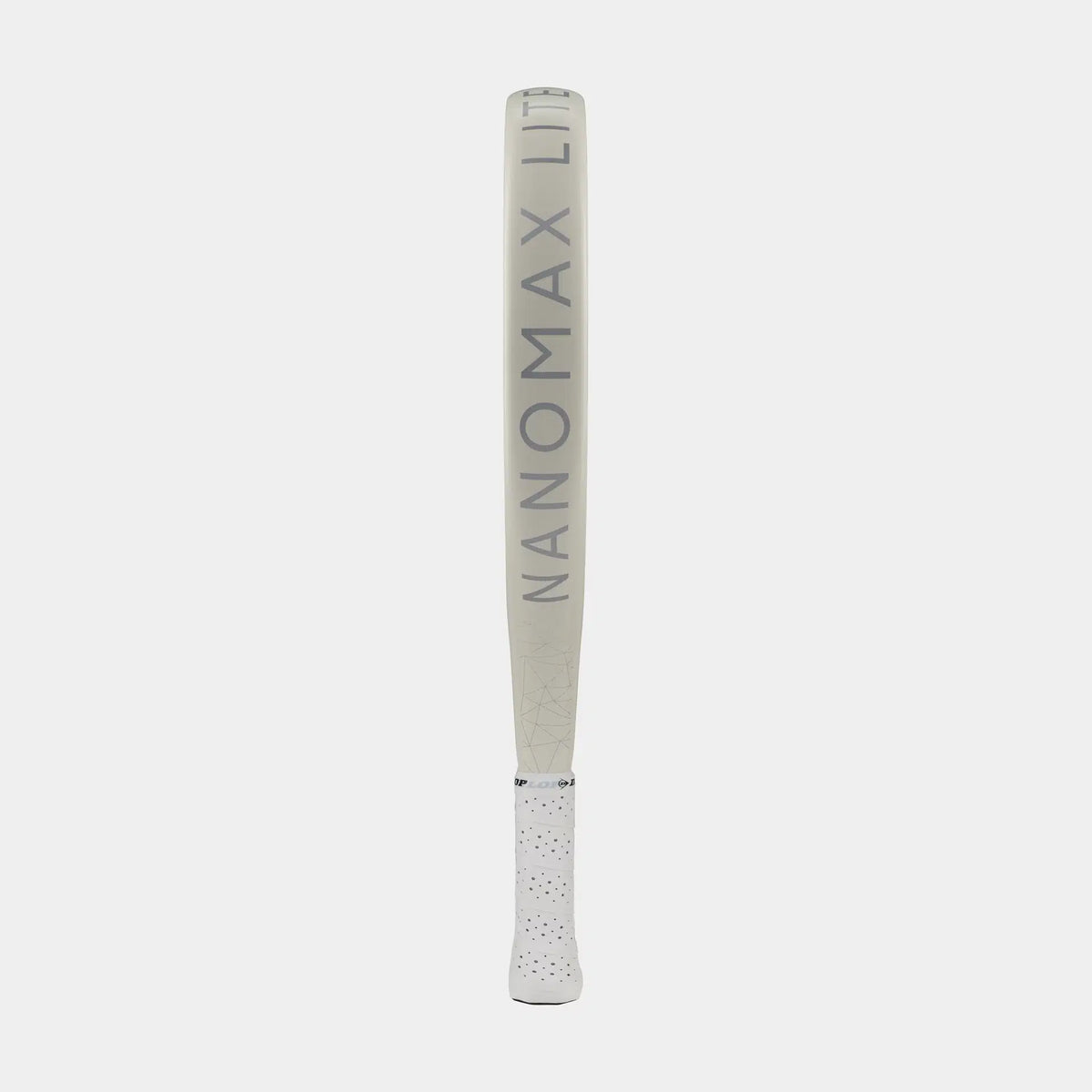White Nanomax Lite padel racket handle with perforated grip, grey text, on white background