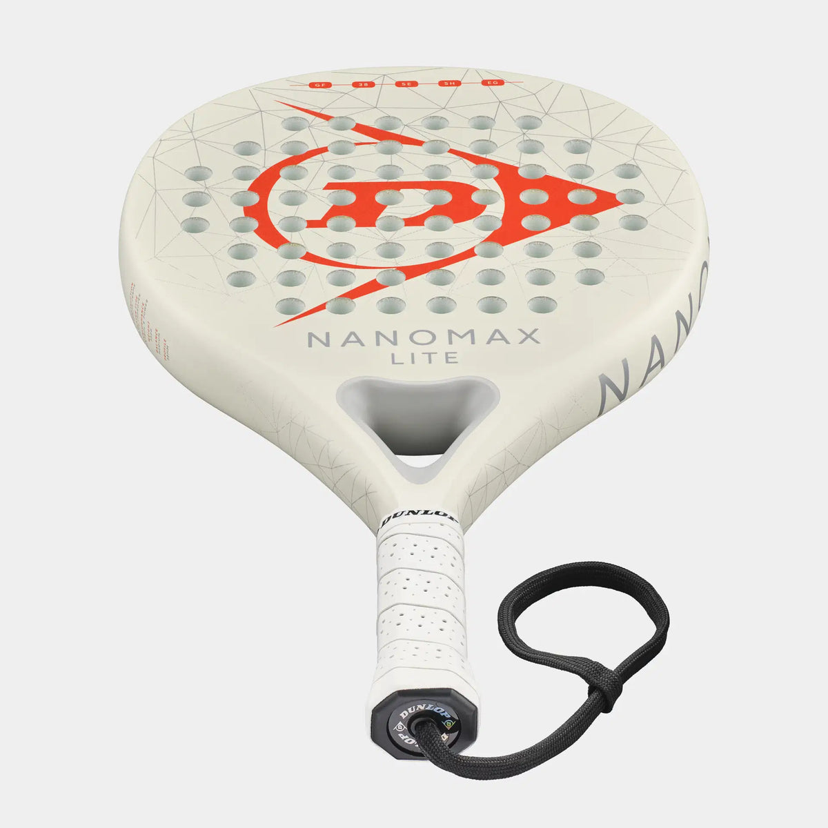 White Dunlop Nanomax Lite padel racket with perforated face and wrist strap on light background.