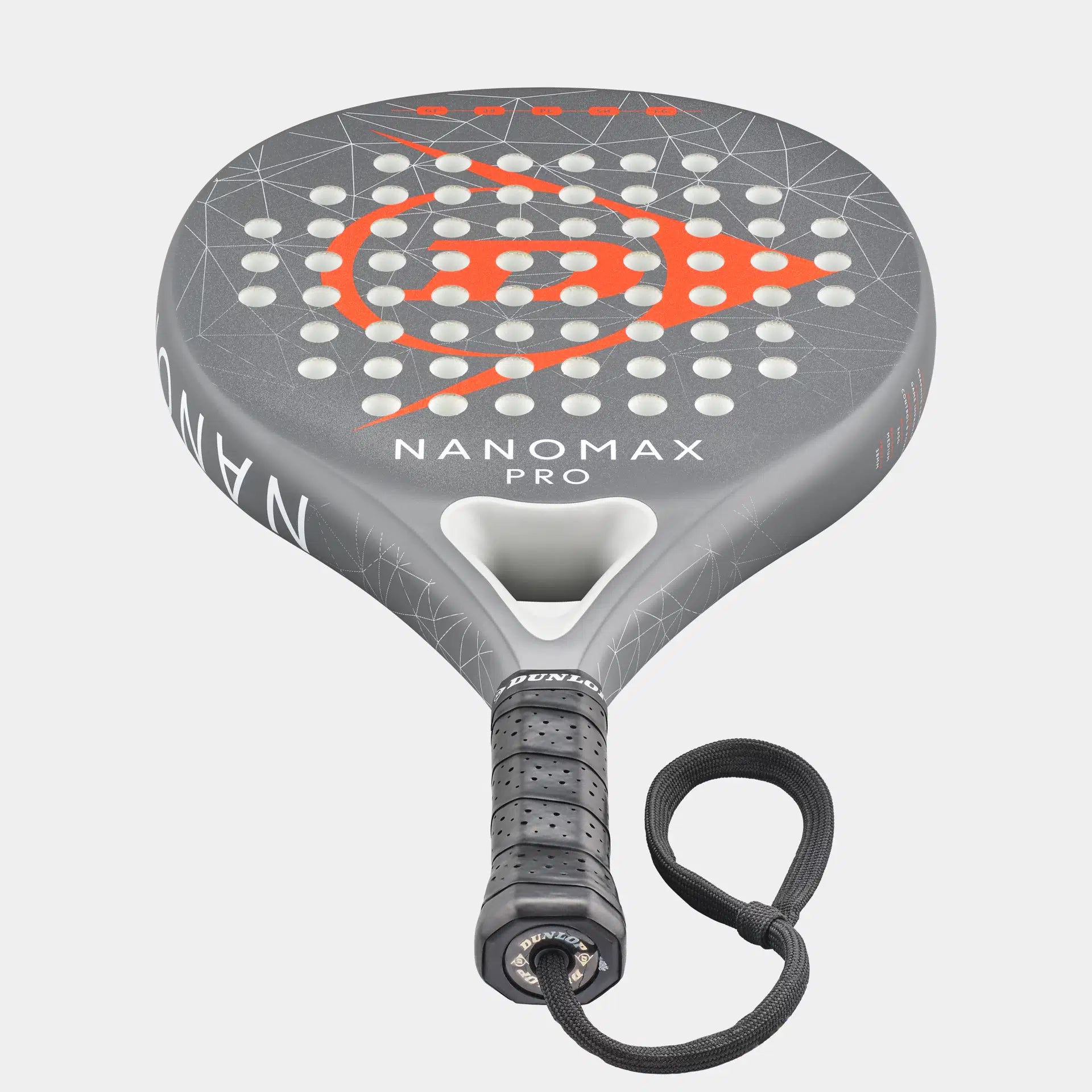 Dunlop Nanomax Pro padel racket with grey and orange geometric design, perforated face, and wrist strap