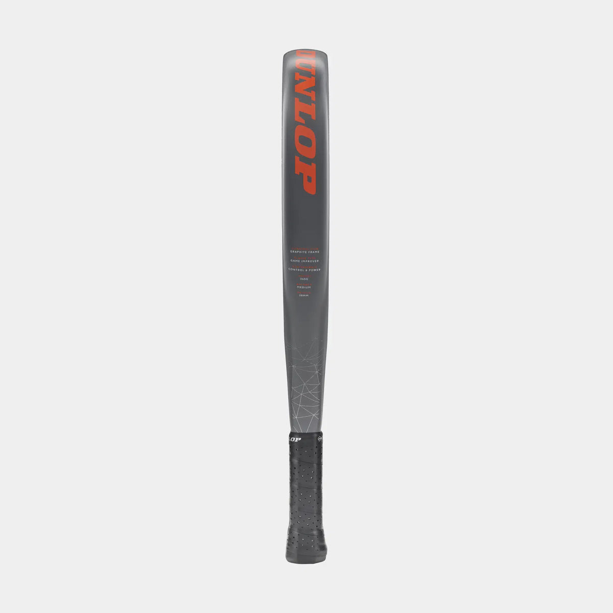 Gray padel racket with black grip and bold orange branding on a white background
