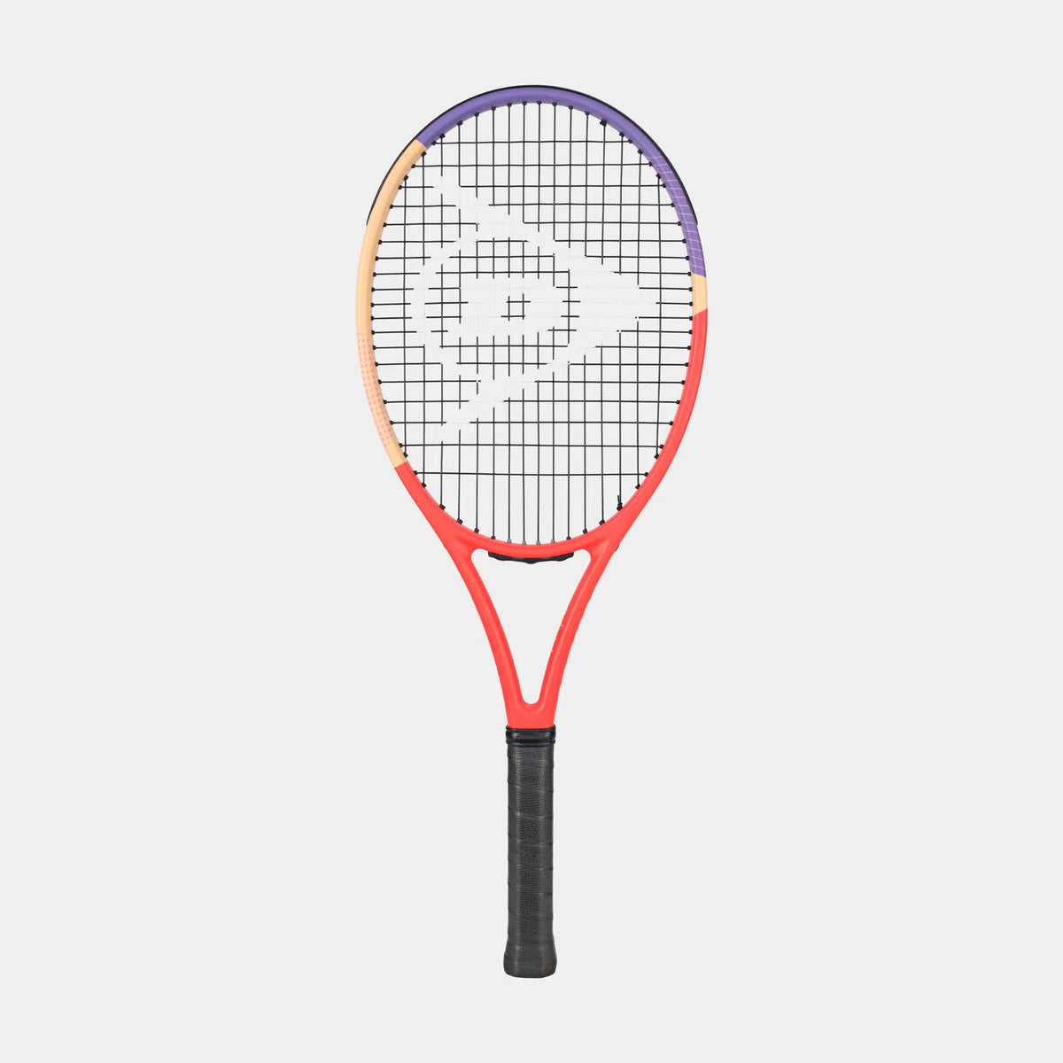 Red, orange, and purple tennis racket with a white logo on the strings