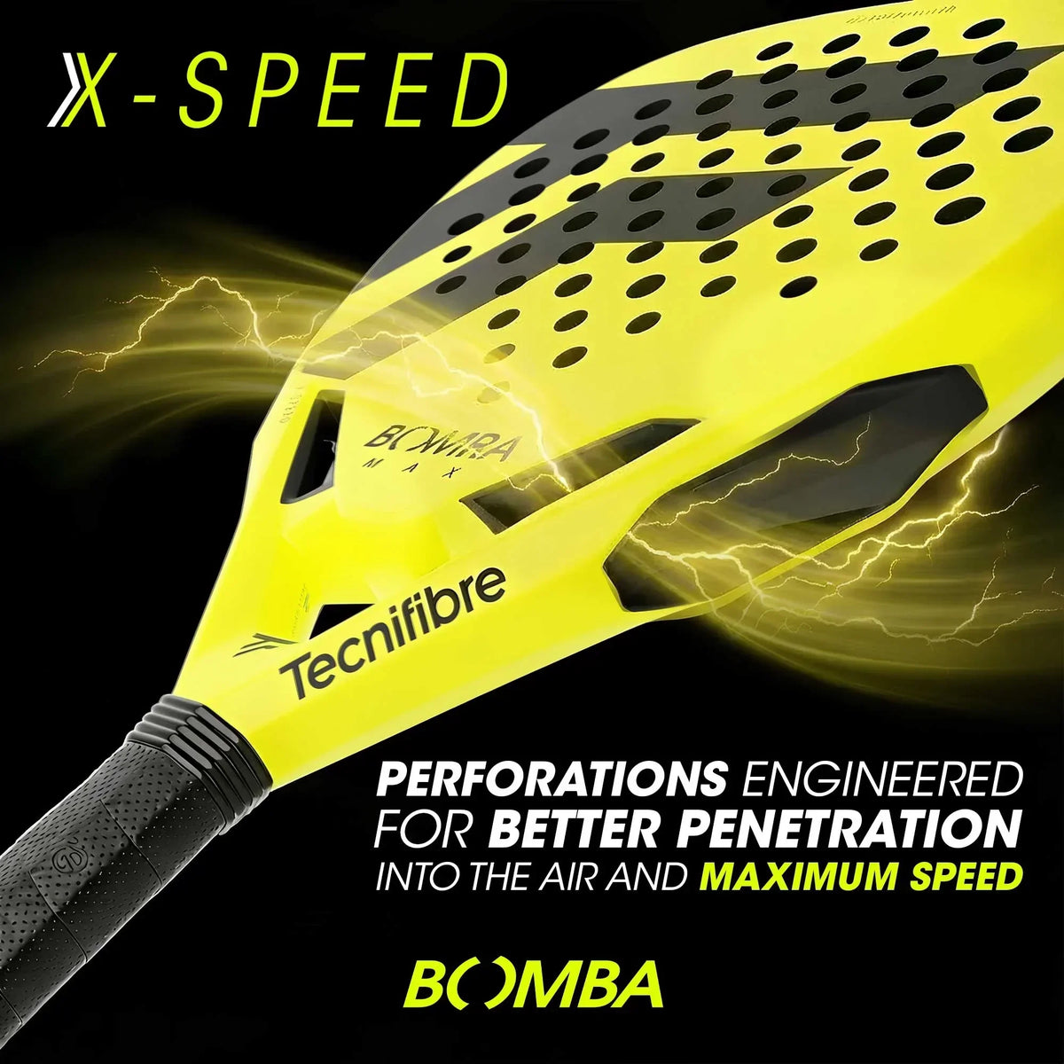 Yellow Tecnifibre Bomba X-Speed padel racket with perforated design, black grip, and bold branding.