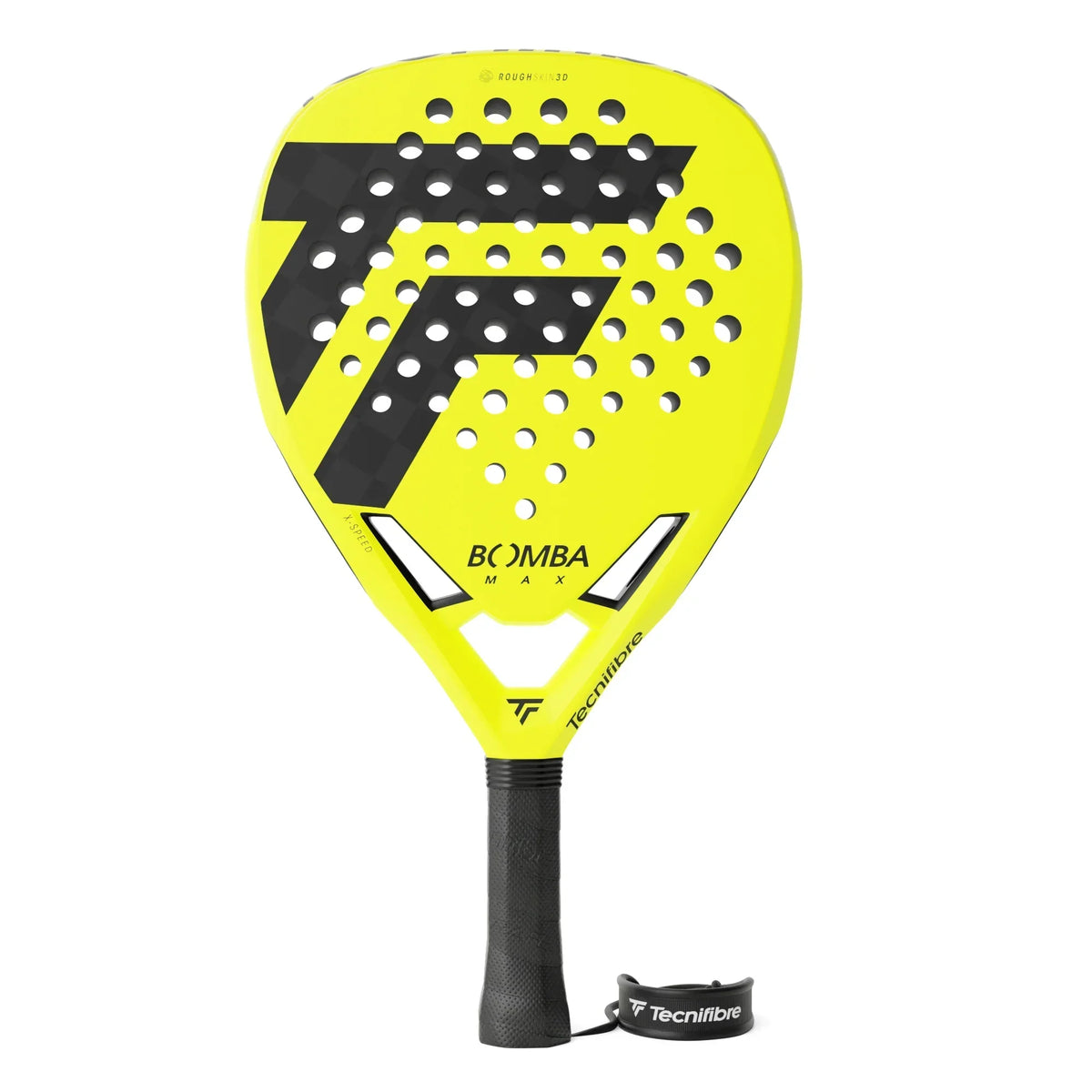 Tecnifibre Bomba Max padel racket, bright yellow with black graphics and wrist strap