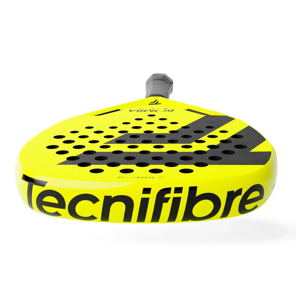 Yellow Tecnifibre padel racket with black graphics and perforated holes, isolated on white