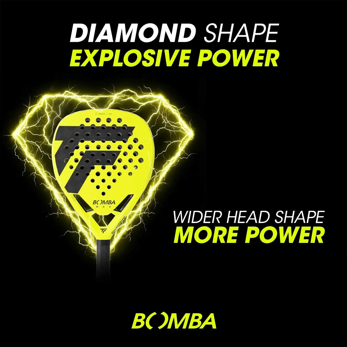 Yellow diamond-shaped padel racket with power graphics and lightning effect on black background