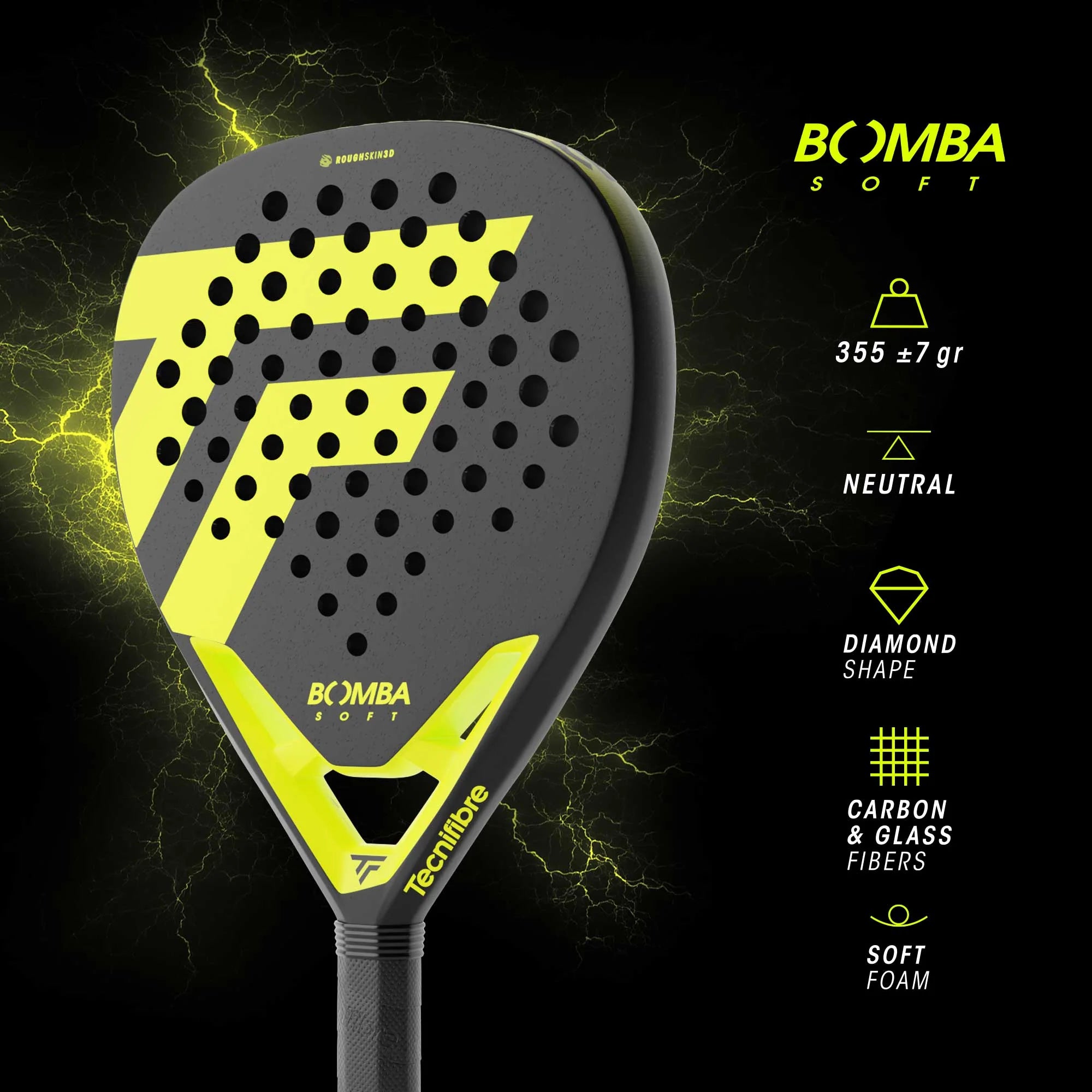 Tecnifibre Bomba Soft padel racket with diamond shape and carbon and glass fiber construction.