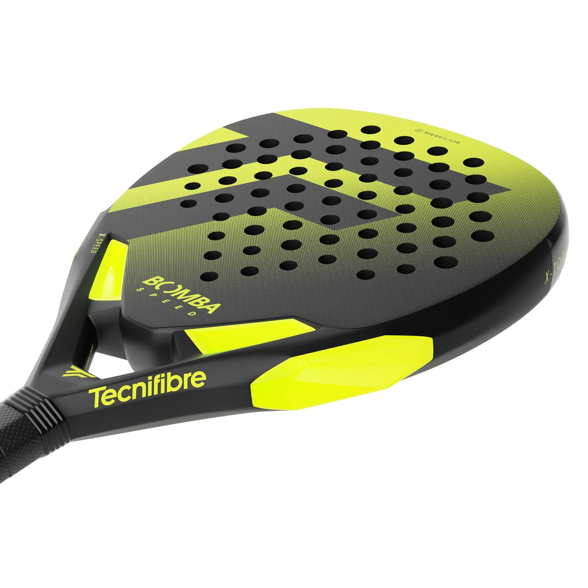 Tecnifibre Bomba Speed padel racket with black and yellow design, close-up view