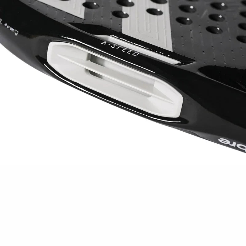 Close-up of a black X-SPEED padel racket frame with a white protector